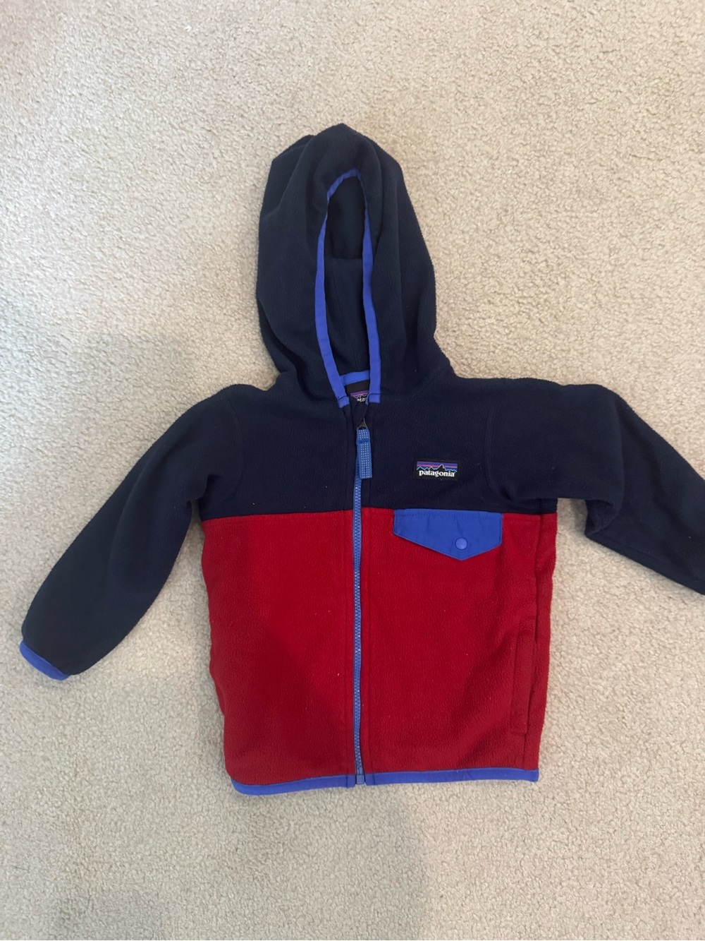 Patagonia Kids Navy and Red Fleece Hoodie with Blue Trim